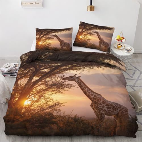 Generisch Giraffe Bettwäsche 135x200cm, Afrika Sonnenuntergang Landschaft Bettwäsche-Sets 2 Teilig, Bettbezug + 1 Kissenbezüge 80x80cm Weich Mikrofaser mit Reißverschluss 21D&-13