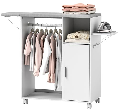 HOMCOM Meuble à Repasser sur roulettes, Table à Repasser Pliante, Placard à Porte, étagère réglable, Barre de Suspension, Compartiment Ouvert et Support latéral, 127 x 42,5 x 99 cm, Blanc