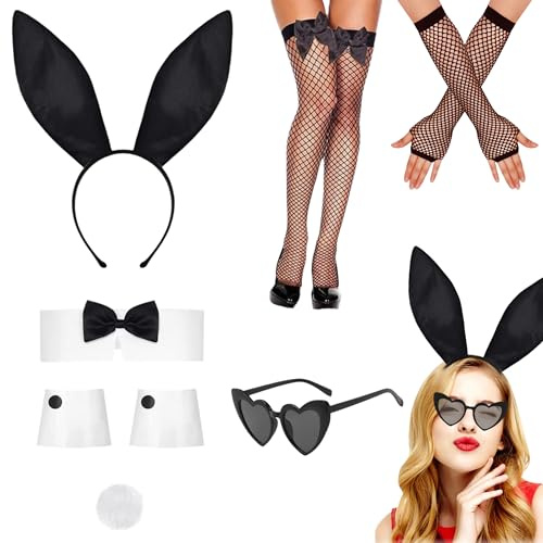 PYSEOSISE Costume de Lapin Femmes, 7 Pièces Accessoire de Déguisement de Lapin, Bandeau Oreilles de Lapin et Queue Nœud Papillon Poignets Gants Chaussettes pour Cosplay Fetes