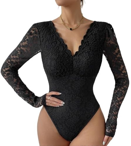 DUOYIJIN Sexy Lace Bodysuit for Women, V Neck Long Sleeve Slim Fit Body Suit Jumpsuit Shapewear Backless See-Through Floral Lace Leotard Tops with Snap Closure, Casual Ladies Going Out Top (Black-M)