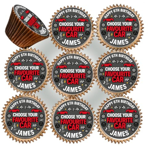 30 x YOUR FAVOURITE CAR BIRTHDAY PARTY PERSONALISED EDIBLE ICING 3.8 cms CUPCAKE TOPPERS DECORATIONS M-V8