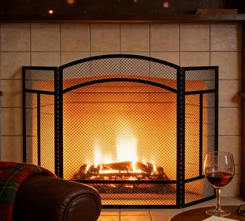 Calidola 3 Panel Fireplace Spark Guard with Continuous Piano Hinge, 96.5cm L x 61cm H, Seamless Fireplace Screen for Open Fireplace, Black Powder Coated, Reduces Ash Leakage