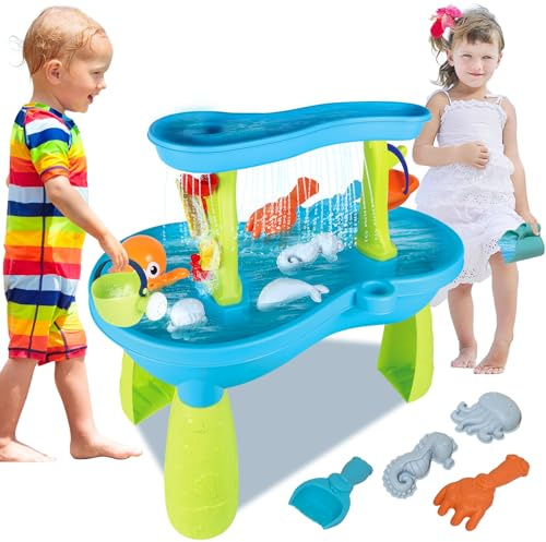 deAO Sand and Water Table for Kids, 2-Tier Sand Water Activities Play Table | Toddlers Sand Water Play Table with Beach Accessories, Outdoor Summer Backyard Garden Sensory Toys for Boys & Girls 3+ Years
