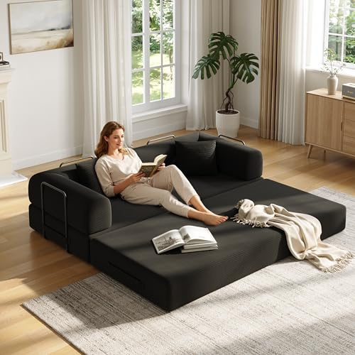 THOLASIS 79 Inch 5-in-1 Convertible Sofa Bed, Corduroy Boneless Floor Couch with Fixed Frame & Pillow, Modular Folding Mattress Lounger for Small Space, Living Room, Bedroom - Easy Assembly(Black)