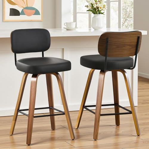 Bekrvio Barhocker 2er Set 74 cm Sitzhöhe, Barhocker mit Lehne Kunstleder, 360° drehbar, extra Dicker Sitz (7,1 cm), Barstuhl Holz, für hohe Kücheninsel & Theke (101–109 cm) PU-Leder Schwarz
