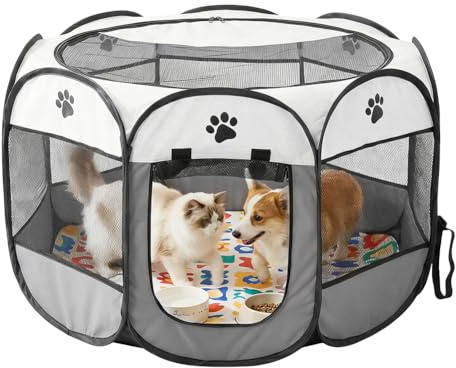 Welpenauslauf Faltbar Hundebox 74x74x43cm, Welpenlaufstall Katzengehege Kleintiergehege für Zuhause, Laufstall Freilaufgehege für Hunde Katzen Hasen Innen Draußen (Grau)