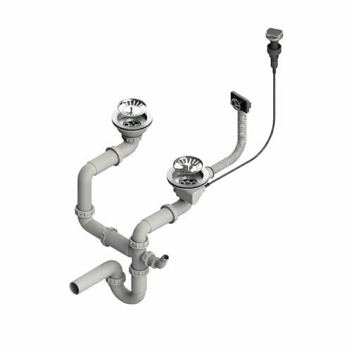 QLS Doppelbecken-Siphon automatisch 3 1/2 Zoll mit Drehknopf Chrom | Platzsparende Bauweise aus PVC und Edelstahl mit Anschluss für Geschirrspüler, Waschmaschine, inkl. Montageset und Dichtungen