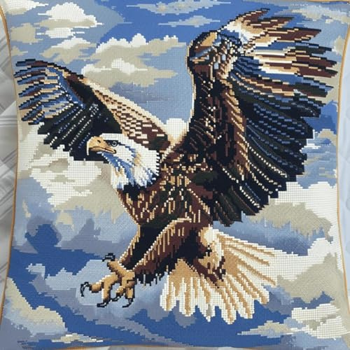 RKFLGEW Tierdiy Knüpfkissen Mit Vordruck Fliegender Adler Diy-Kissenbezug,Häkelgarn,Nadel,Basteln,Handgefertigtes Kissen Für Zuhause,Sofa-Dekoration 43x43cm
