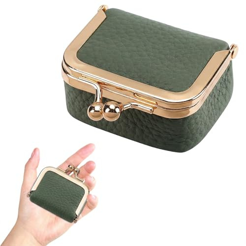 Lufdegim 1 Stück Schmuckschatulle Klein Mini Schmuckkästchen aus Echtem Leder mit Kussverschluss Schmuckorganizer Klein Tragbar Schmucketui für Halsketten Ringe Ketten (Grün)