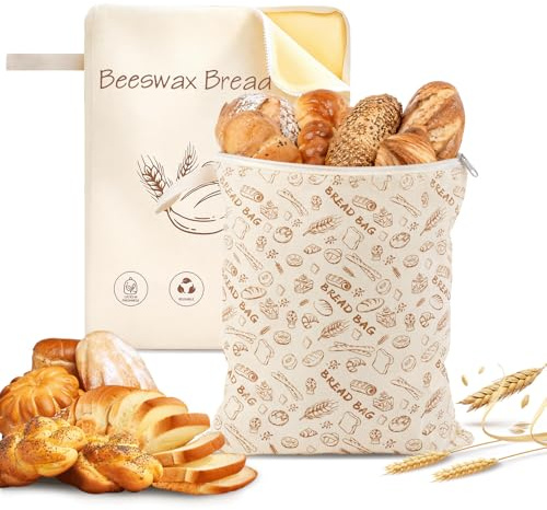 2PCS Reusable Beeswax Bread Bags for Homemade Bread, Large Capacity Bread Storage Bag with Zipper, Sourdough Bread Bag for Freezer and Refrigerator