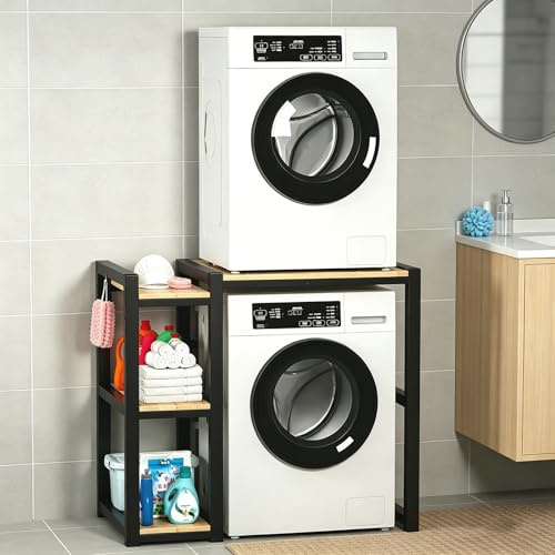 Mueble Torre Lavadora Secadora con Estantes Laterales, Estantería para Encima de Lavadora Ajustable, Armario Lavadora y Secadora Vertical para Lavandería(Black)