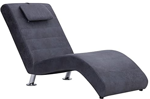 Chaiselong med kudde, grå, mockautseende, ergonomisk stoppningsstol med galvaniserade stålben, 144 x 59 x 79 cm, bekväm relaxstol för vardagsrum, sovrum, läshörn och lounge