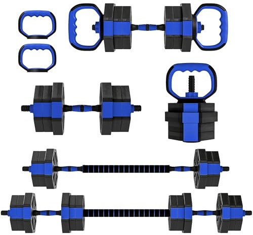SPORTNOW Set Pesi da Palestra 6 in 1 da 20kg Totali in Plastica e Sabbia, Set Manubri Regolabili Utilizzabile come Kettlebell, Manubri, Bilanciere e Supporto per Flessioni, Allenamento a Casa, Blu