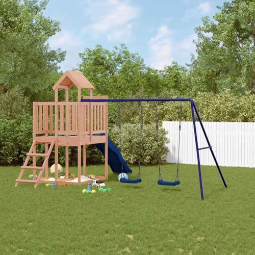 Kaloriko Spielturm aus massivem Douglasienholz mit Wellenrutsche und Doppelschaukel, Klettergerüst mit Sandkasten, wetterfestes Outdoor Spielhaus für Kinder im Garten mit stabilem Gestell