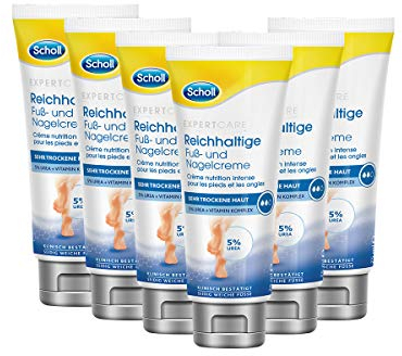 Scholl Reichhaltige Fuß- und Nagelcreme – Feuchtigkeitsspendende Fußcreme für beanspruchte Füße & Fußnägel – Mit Urea & Vitaminkomplex – 6 x 75ml