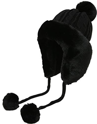 Yixda Damen Wintermütze mit Ohrenklappen Warm Fellmütze Ski Trapper Hut (Schwarz)