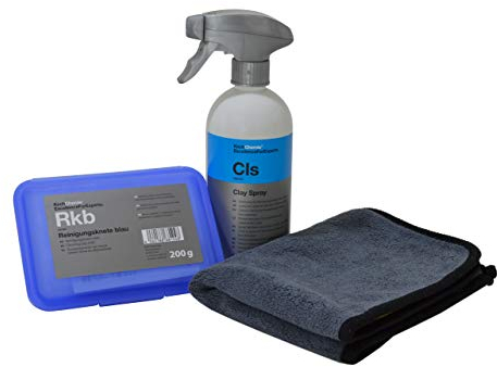 Lackreinigungs-Set - Koch Chemie Reinigungsknete blau (mild) 200g + Clay Spray CLS 500ml + ADVANTUSE Mikrofasertuch