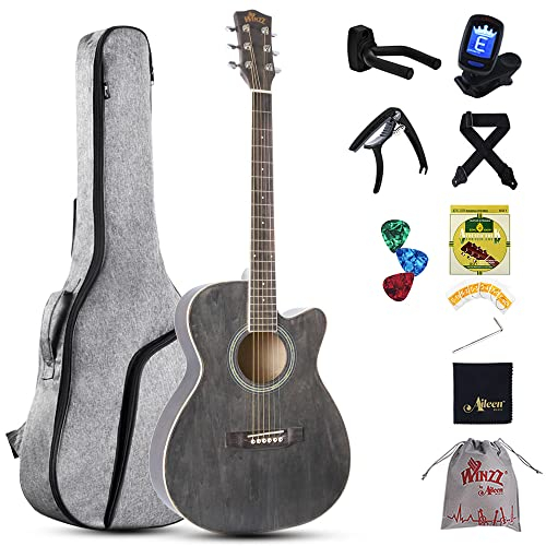 Winzz Gitarre 3/4 für Kinder und Erwachsene - Akustik Anfänger Set, Western Kleiner Körper 36 Zoll, Reisegitarre Schwarz-Grau Mit Stahlsaiten