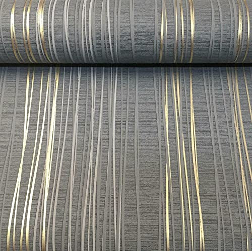 SOPHIE LAURENCE Metallic Stripe Textured Blown Vinyl Charcoal Grey Gold Wallpaper (10m x 0.53m)