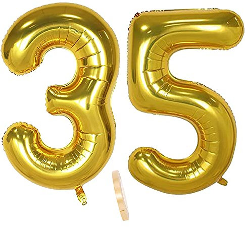 2 globos numeros 35 años, Number globo número 35 Dorado para Hombres Mujeres niños,40 Figuras Gold globo de lámina de helio inflable, gigante grande decoración fiesta de cumpleaños boda (xxxl 100cm)