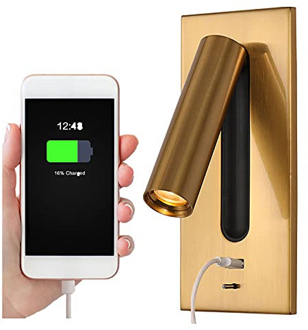 SHXITAYNB Liseuse Lampe LED Tete De Lit Caché Interrupteur Lampe De Chevet, USB Encastré Lampe De Chevet Murale Applique Liseuse, Wall Light Sconce, Orientable À 350 ° 90 ° Pliable,Laiton,3000K Warm