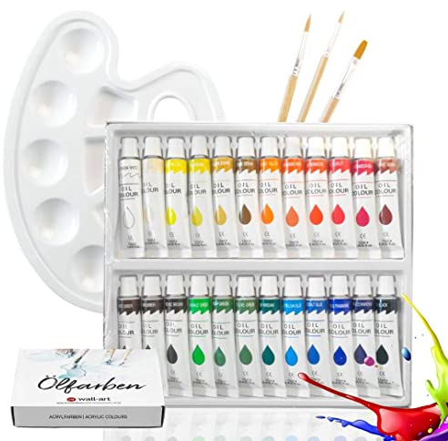 K&L Wall Art Ölfarben Malkoffer Malset 24 Tuben bunte Farbe inkl. Pinsel Mischpalette Leinwand ohne Keilrahmen für Kinder und Erwachsene (Öl)