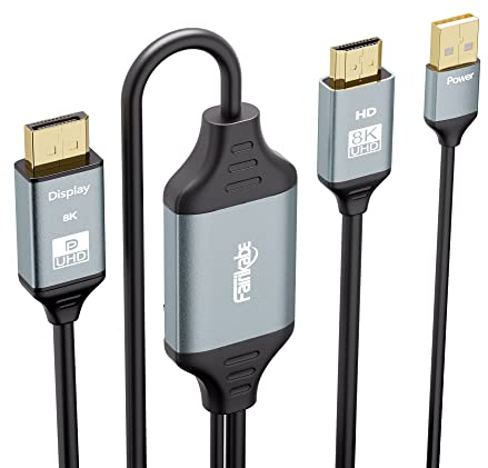 8K Cavo HDMI a Displayport alimentato tramite USB per Xbox Series X, PS4, PS5, PS4 Pro, Fairkabe HDMI 2.1 Source a Display Port 1.4 Cavo adattatore 2 m, unidirezionale HDMI maschio a DP maschio
