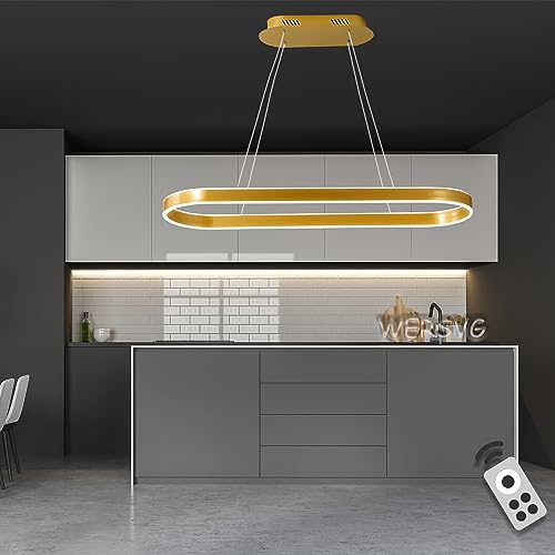 Modern LED Esstisch Pendelleuchte Oval Wohnzimmer Büroleuchter Dimmbar 3500K-6500K Schwarz Esszimmerlampe Pendellampe Hoehenverstellbar, für Restaurants Bars Büros Billardzimmer (gold, L120cm,108W)
