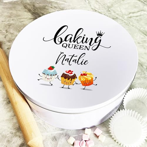 Personalised Round Funny Dancing Baking Queen Biscuit Baking Treats Cake Tin Personalised Gift | Custom Gift | Personalized Tin | Cake, Biscuit & Treat Tins | Gift For Her | Gift For Him