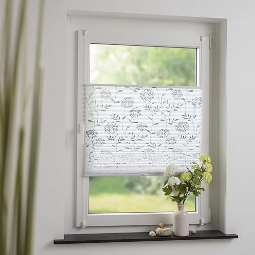 Klemmfix-Plissee mit ausgebranntem Blumen-Motiv, halbtransparent, ohne Bohren oder Schrauben, inkl. Klemmträger, Breite: 90 cm/Länge: 130 cm, Farbe: weiß