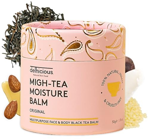 Delhicious Migh-Tea Moisture Face & Body Balm for Very Dry Skin - Eczema Relief, Psoriasis Treatment - Nourishing Shea Butter Moisturiser - Natural, Vegan, Ayurveda Body Butter with Almond Oil - 50g