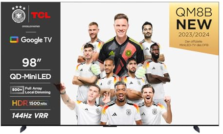 TCL 98QM8B Fernseher MiniLED 98 Zoll, QLED, 144Hz, 4K HDR Premium 1600nits, Google TV, Dolby Atmos, Onkyo, Game Master Pro 2.0