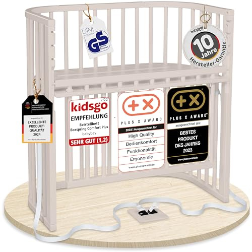 babybay Boxspring Comfort Plus Beistellbett aus massivem Buchenholz/Kinderbett Höhe stufenlos verstellbar & umweltfreundlich/mitwachsendes Babybett mit Verschlussgitter (beige lackiert)