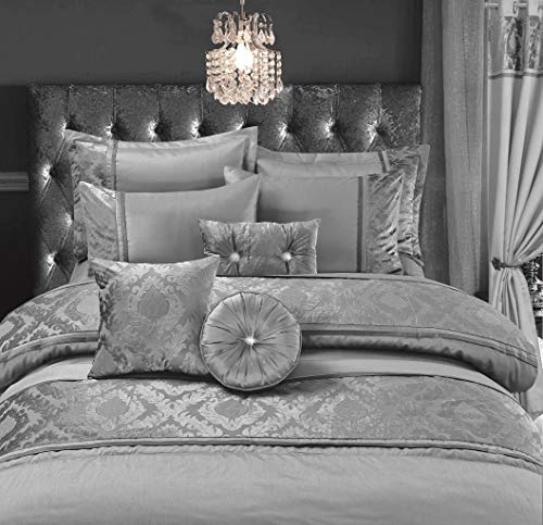 Luxurious Embroidered Casablanca Duvet Quilt Cover Bedding Set with Matching Pillowcases, Bed Throw with Pillow shams, Curtains & Filled Cushions Bed Linen Set (Silver, Round Cushion 30cm)