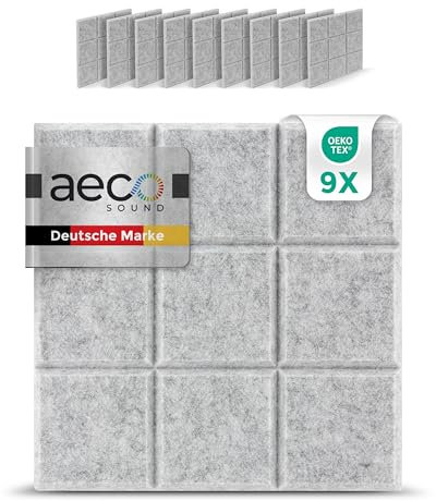 Aeco Sound® - Akustikpaneele Filz | 9 Stück je 30x30cm | selbstklebend | extra dick 1,5cm Akustik-Filz | Schalldämmung, Wandschutz, Akustikplatten, Schallschutz (Grau)
