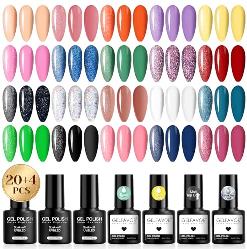 GELFAVOR Smalto Semipermanente, 24 Pezzi Nude Arancione Viola Giallo Rosa Blu Verde Colori Smalti Semipermanenti per Unghie Soak Off UV/LED Smalto Semipermanente Unghie Nail Art Manicure