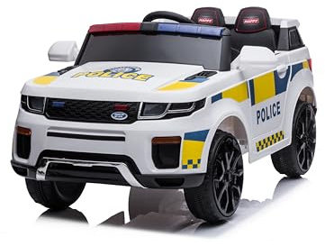 Coche de Policía ATAA Pro 12V - Blanco - Coche de policía eléctrico para niños con batería de 12V, música, Luces de Emergencia, Sirena y Altavoz, Mando para Padres Incluido.