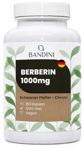 Bandini® Berberin 1040mg rein hochdosiert | 180 vegane Kapseln | | Reines Berberin HCl aus Berberis Aristata 97% + Chrom und Schwarzer Pfeffer | Maximale Absorption | Verdauung, Leber, Darm