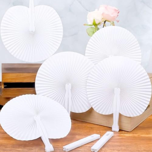 081 Store - 96 pz Ventagli Bianchi Pieghevoli in Carta Plastica Segnaposti Bomboniere per Matrimonio Festa Chiesa Ricevimenti Diametro 24 cm