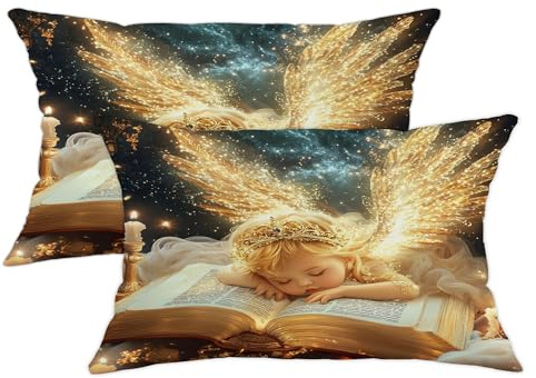 Juego de 2 fundas de cojín decorativas con alas de ángel, color dorado brillante, decoración del hogar de fantasía encantada para sofá, cama, sofá, 20 x 12 pulgadas