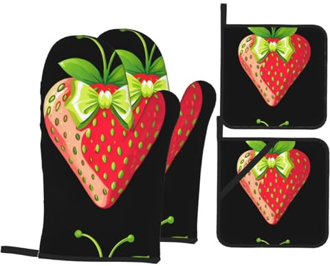 YYHWHJDE Stream strawberry Picture Oven Mitts and Pot Holders Set of 4 Kitchen baking Thick and durable, anti-scalding and heat-insulating