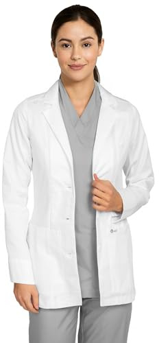 B-well Livia Dames Blouse de médecin courte Blanc – Blouse de laboratoire médicale avec col revers, manches longues, 3 poches, boutons – Vêtements professionnels pour soins et clinique, Blanc., XL