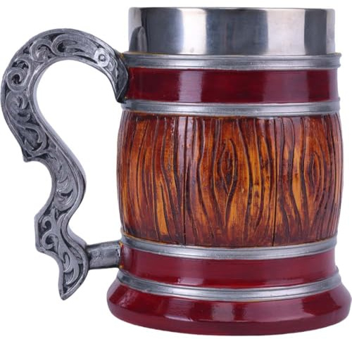 ZONSUSE Mittelalter Holzfass Bierkrug, Nordischer Bierkrug, Holzimitat Design Trinkkrug mit Edelstahl Innenbecher, Handbemalter Resin Bierhumpen, Idee Geschenke für Männer 600ml (Fass)