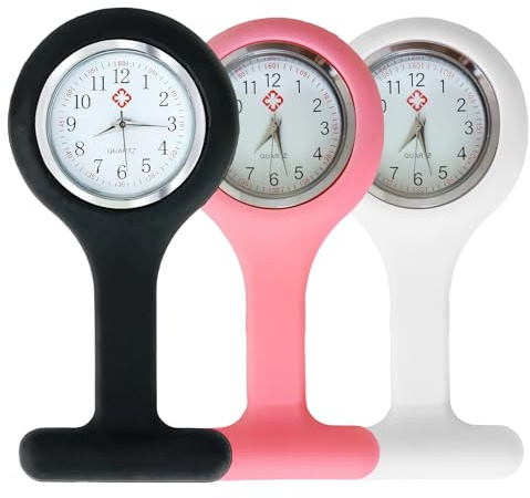 Montre Infirmière Lot de 3, Montre Trotteuse Infirmière en Silicone Souple pour Blouse, Accessoire Médical Précis avec Broche Rotative pour Hôpital, Étudiants et Aide-Soignante (Blanc, Noir, Rose)