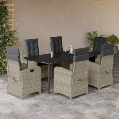 QJBSAVVA 7-TLG. Garten-Essgruppe 200x100 cm klappbarer Tisch & 6 verstellbare Poly-Rattan-Sessel mit Anthrazit-Kissen Modernes Design für Garten Balkon Terrasse