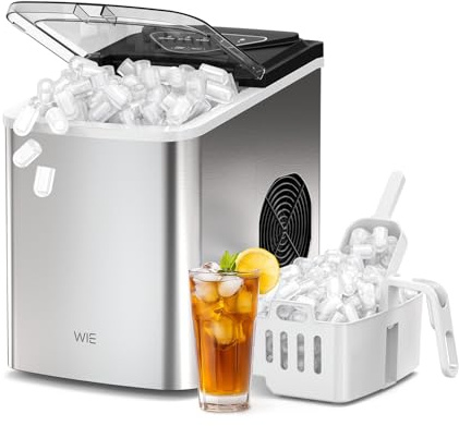 WIE Máquina de Hielo de Mostrador 15KG/24H, Hielo Rápido en 6 Minutos, Depósito 2L, Autolimpiante, Portátil con Cesta y Paleta – Perfecta para Casa, Oficina, Fiestas, RV, Acero Inoxidable