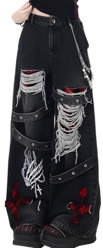FYHTC Y2K Jean Déchiré Grunge Baggy Pantalon Emo Femme Goth Jambe Droite Taille Haute Alt 2000s Vêtement Tissu