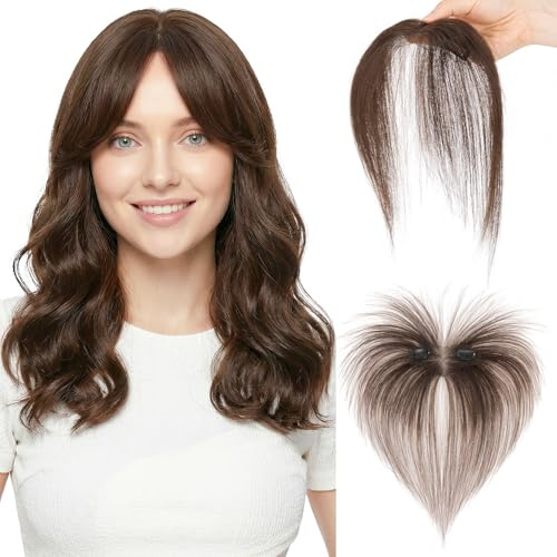 SEGOHAIR Clip In Pony Echthaar, 100% Echtes Remy Haar Seitlicher Pony, Handgeknotete Curtain Bangs für Sofortigen Stilwechsel & Gesichtsformendes Haarteil für Damen #02 Dunkelbraun