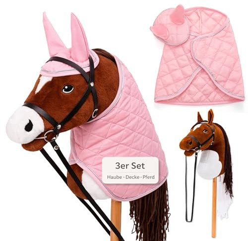 Hoofly Hobby Horse Set – Caballo grande para niños con manta y capucha | Juego completo de caballos Hobby Horsing con brida y varilla de tornillo de 35 cm | Caballo marrón – Accesorio rosa