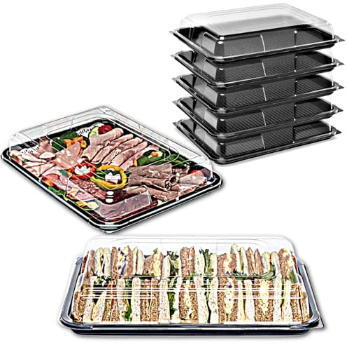 Pack of 30 Medium - 390mm x 270mm x 70mm Deep Serving Platter Trays with Lids. Black Base & Clear Lid, Strong Party Platters & Lids for Buffets & Event Catering